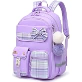 Alrisg Girls School Backpack Preppy Plaid Bookbag Lightweight Backpack for Girls Elementary Middle School Bow Purple