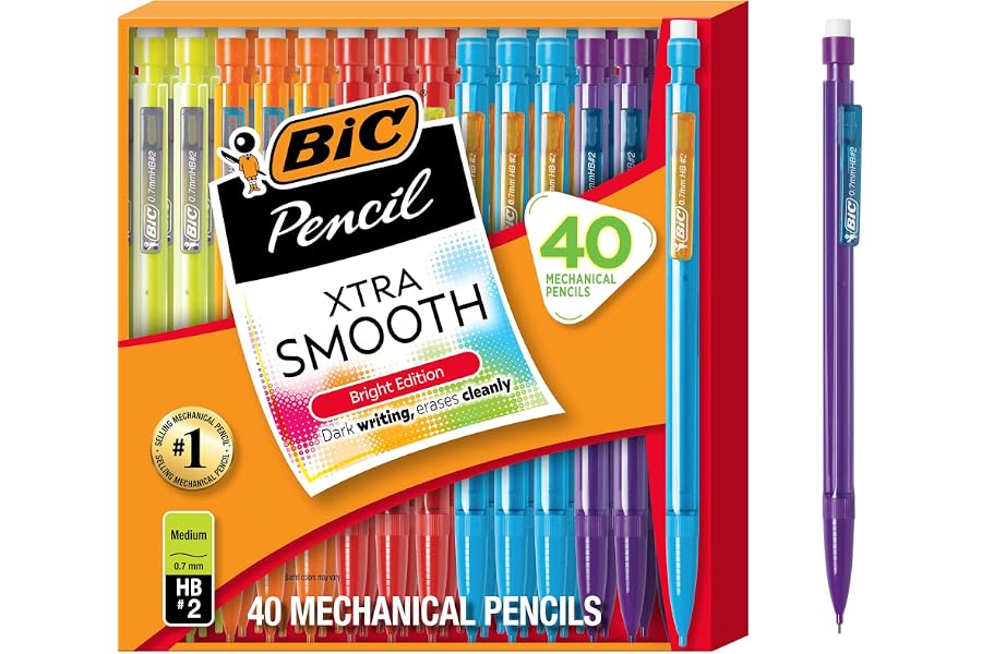 BIC Xtra Smooth Bright Edition Mechanical Pencils, 0.7 mm Medium Point, Bulk School Supplies for Students and Teachers, 40-Count Pack