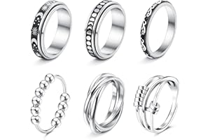 CASSIECA Stainless Steel Fidget Rings for Women Mens Spinner Rings Flower Moon Star Cool Anxiety Rings Stress Relieving Wedding Promise Rings Set(Size 5-11)