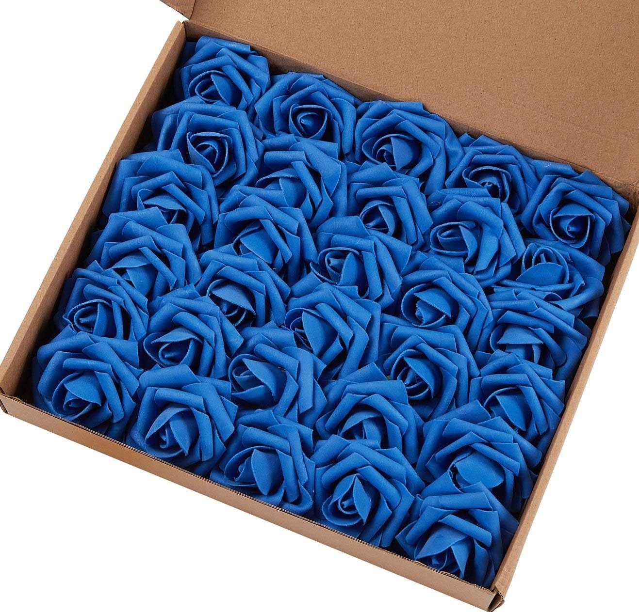 N&T NIETING Artificial Flower Rose, 60Pcs Real Touch Foam Roses for DIY Bouquets Valentine's Day, Mother's Day, Wedding Party, Baby Shower, Home Decoration, Royal Blue