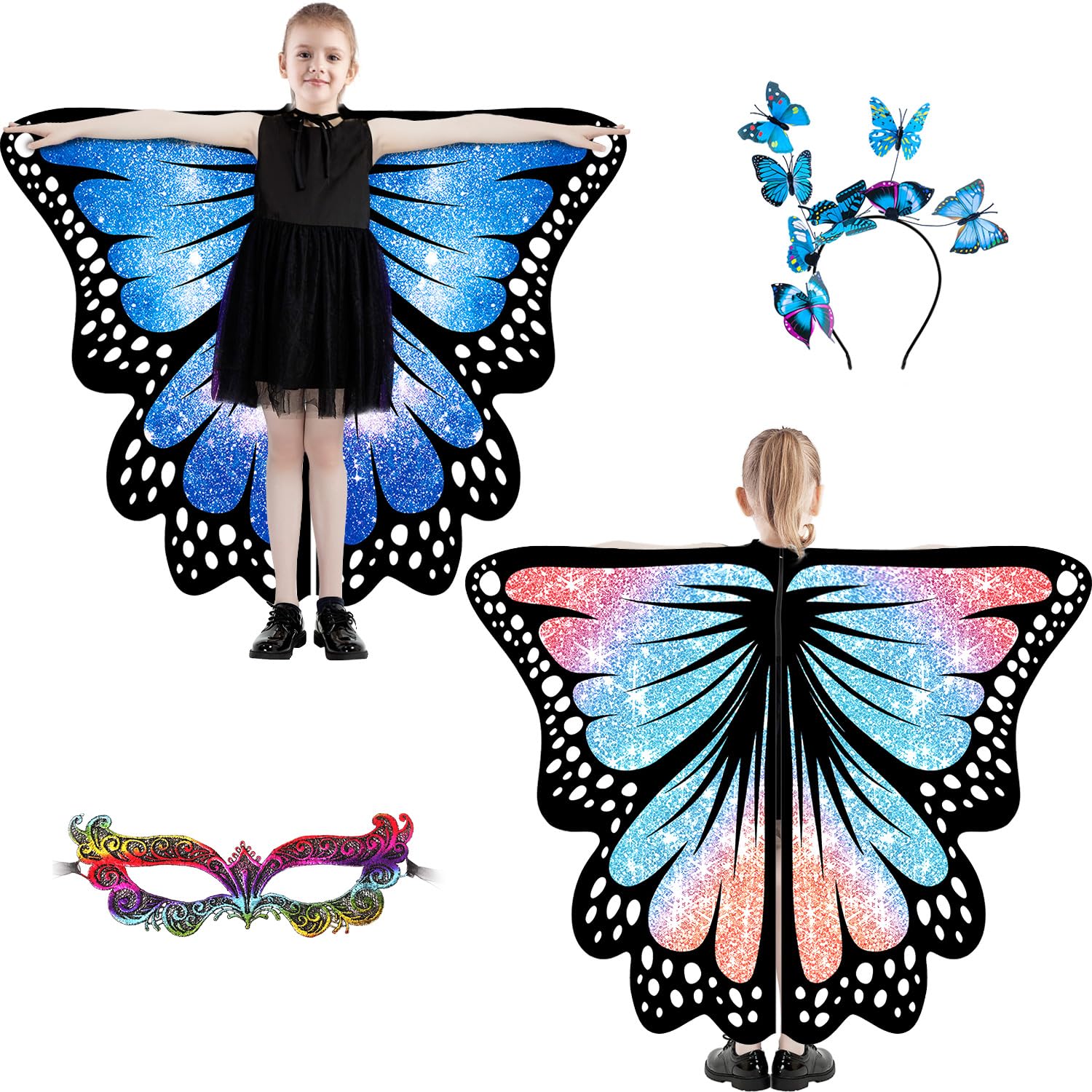 plainshe Butterfly Wings for Girls, Double-Sided Fairy Wings, Kids Butterfly Costume for Halloween, 3PCS Butterfly Shawl Set (Double-Sided 4)