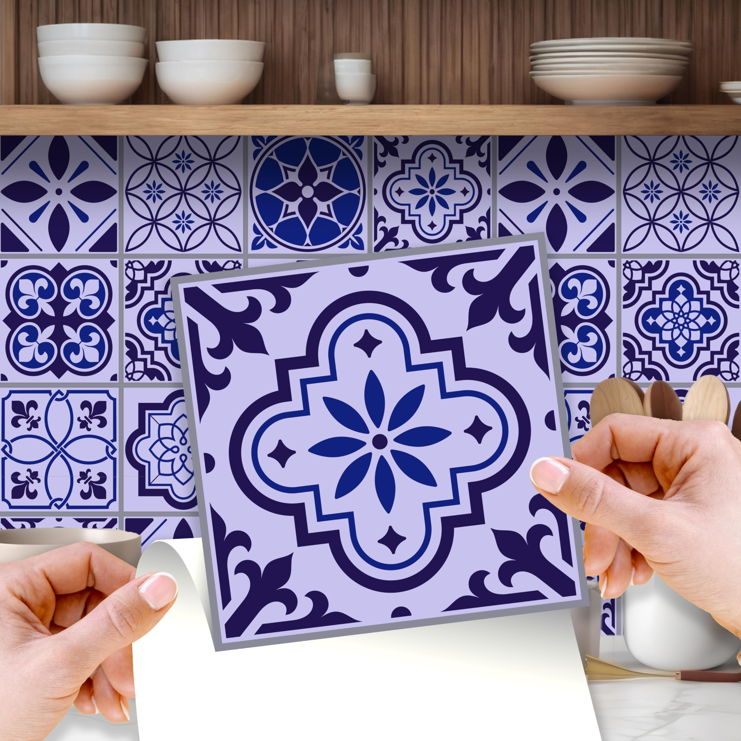 WALPLUS Blue Tile Stickers for Bathroom 15x15cm(6") Removable Kitchen Splashbacks for Walls Spanish & Moroccan DIY Stick on Tiles Kitchen Stairs Decals Renovation 24 PCS