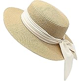 Holiday Straw Beach Hat for Womens Wide Brim Bow Ribbon Boater Hat Flat Top Classic Sun Hats for Summer Small/Medium