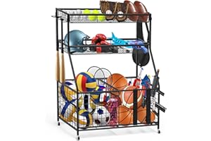 Uboway Sports Equipment Organizer, Ball Organizer for Garage, Garage Storage Rack with Hooks/Baskets and Wheels for Basketbal