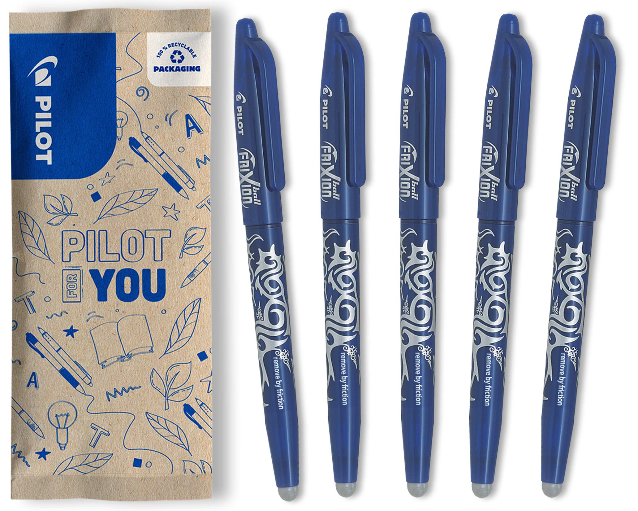 PILOT - FriXion Ball Erasable Pen - Medium 0.7mm Tip Rollerball - 5 x Blue Pens