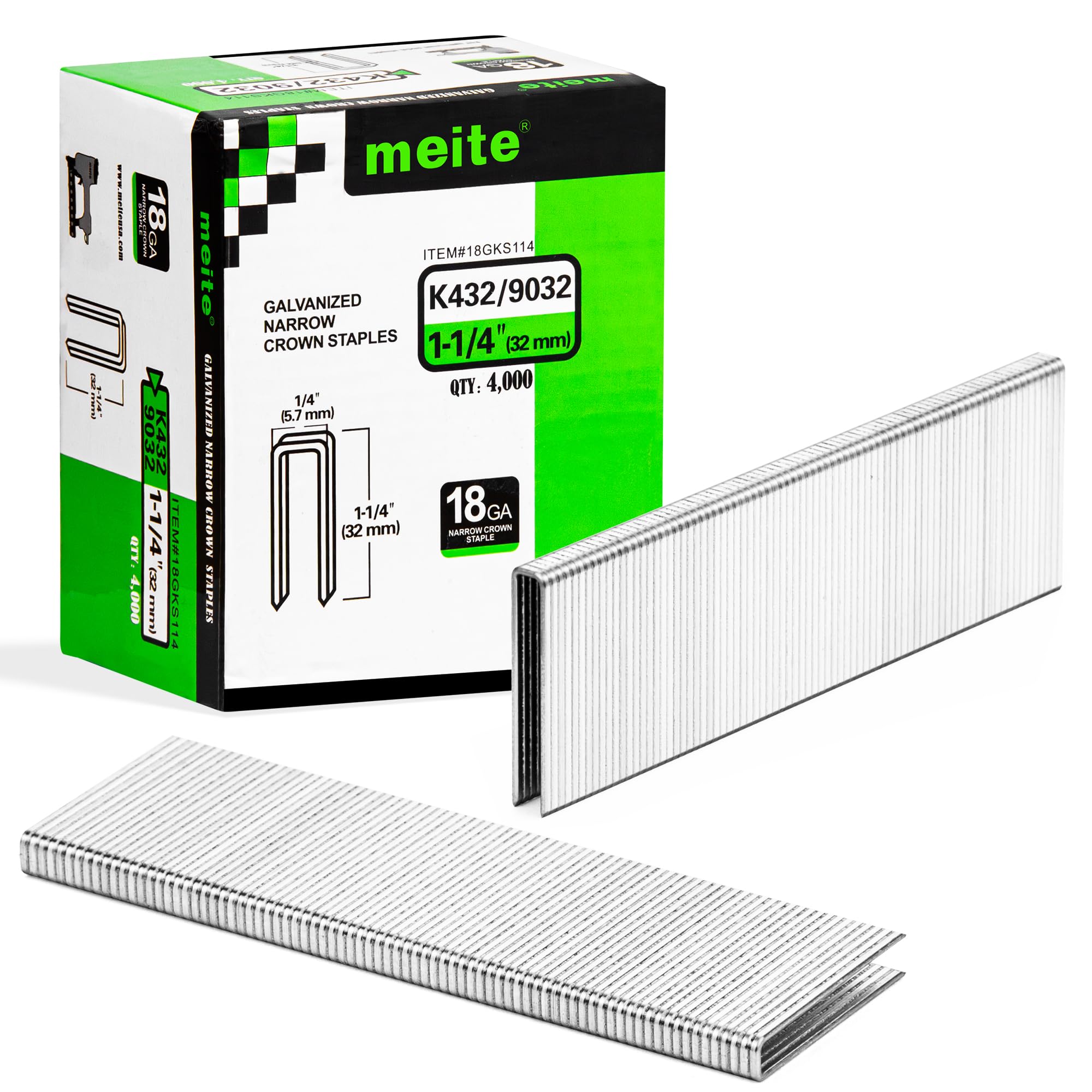 meite 9032 Type 90/32 mm Narrow Crown Staples for Staple Gun 18 Gauge Galvanised Upholstery Staples for Furniture, Wood Box, Crafts DIY (4,000 Counts)