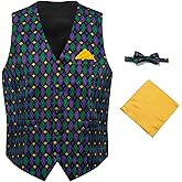 Regenboog Mens Mardi Gras Vest and Bow Tie, Mens Carnival Suit Vest with Bow Tie and Pocket Square Set, Mardi Gras Outfit