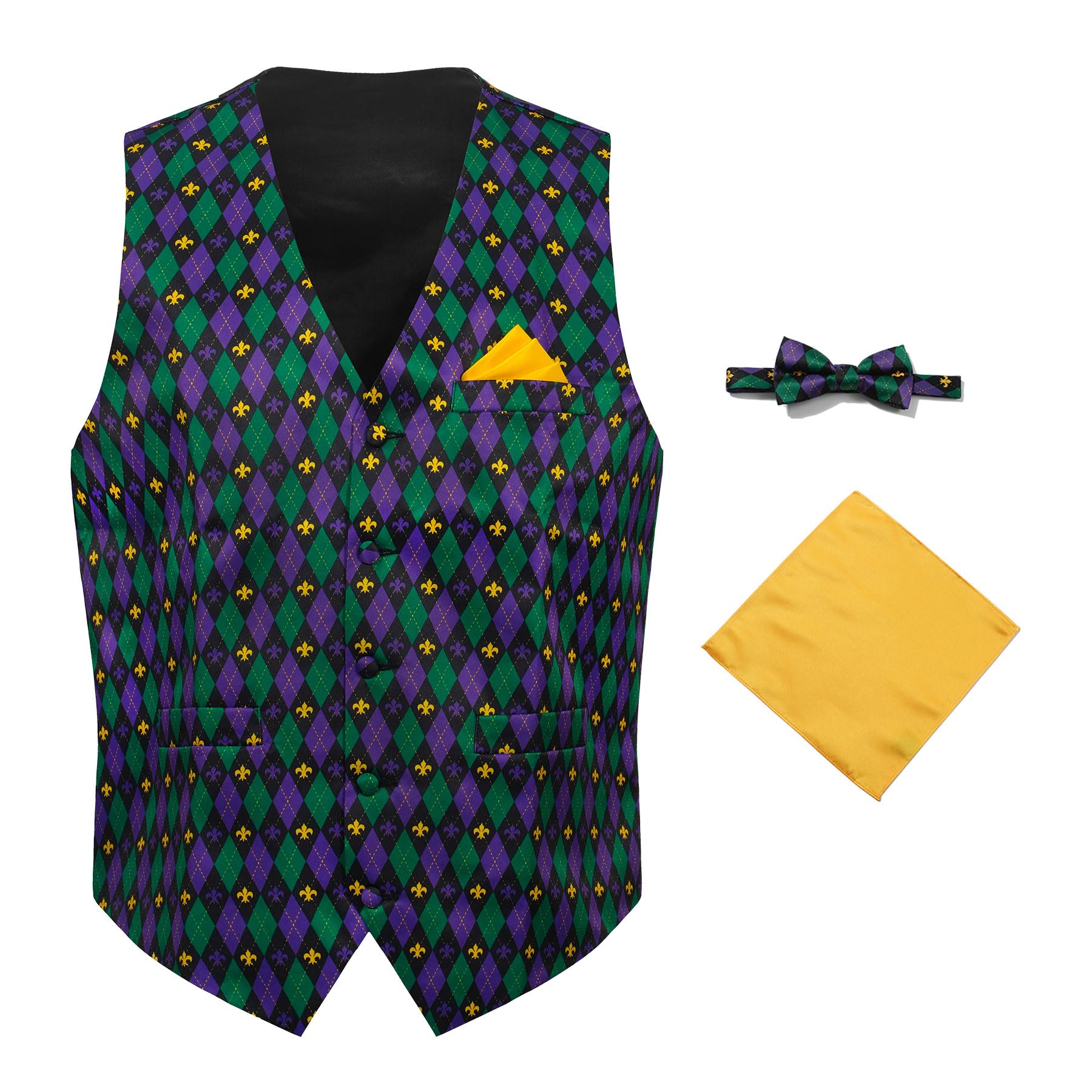 thumbnail image 2 of Tuxxman Mardi Gras Tuxedo Vest With Self-Tie Bow Tie – Purple, Gold, Green (S-5XL) 2 of 2