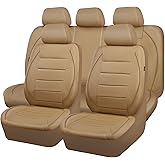 CAR PASS Piping Leather Seat Cover,Universal FIT with Composite Sponge Inside,Airbag Compatible and Reserved Opening Holes,Inside zipper for Cars,Sedan,SUV,Truck(Full Set,Beige with Tan Piping-Stripe)