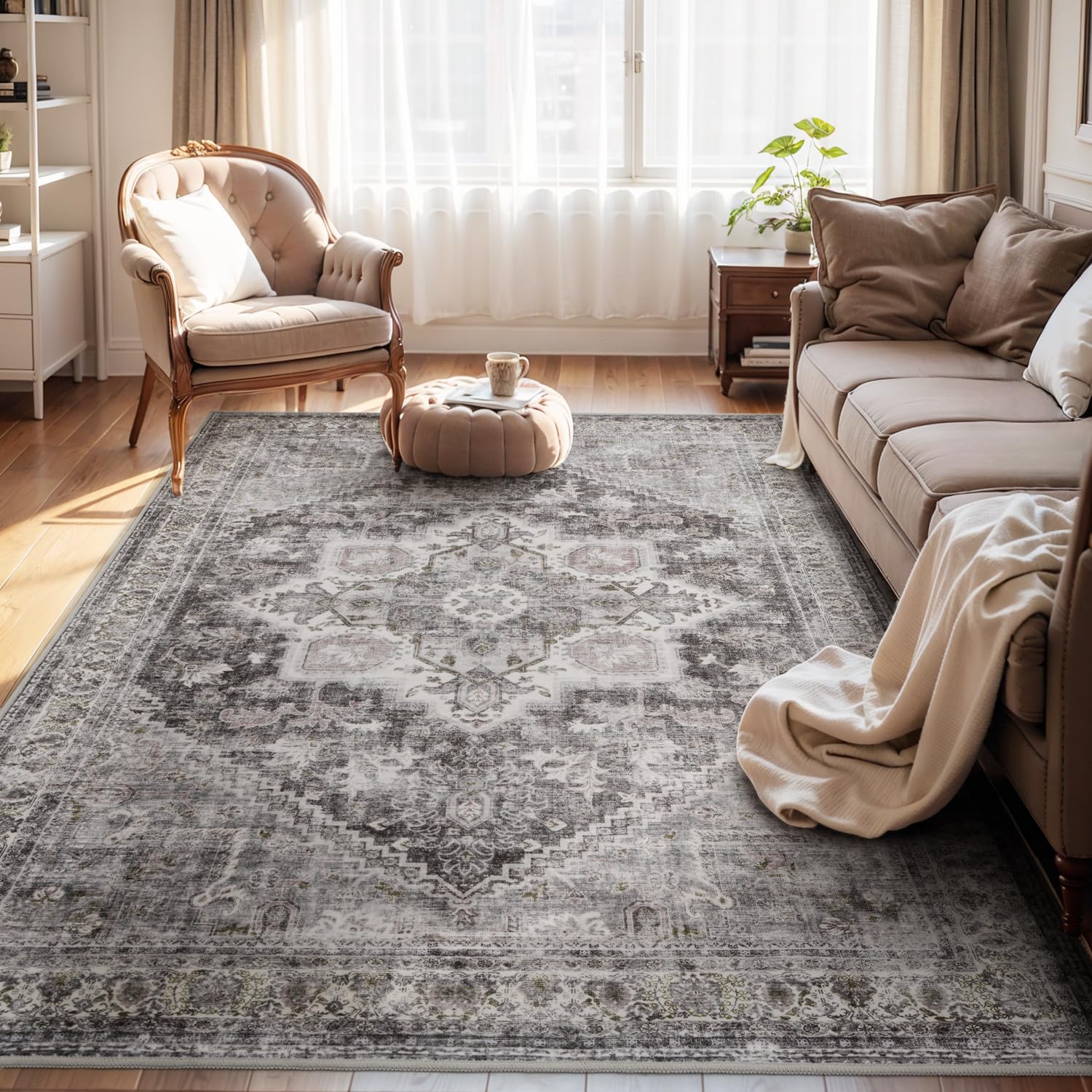 Photo 1 of 9x12 Area Rugs for Living Room Large Washable Area Rug-Carpet for Bedroom Dining Room Office Vintage Oriental Medallion Non Slip Soft Rug Grey