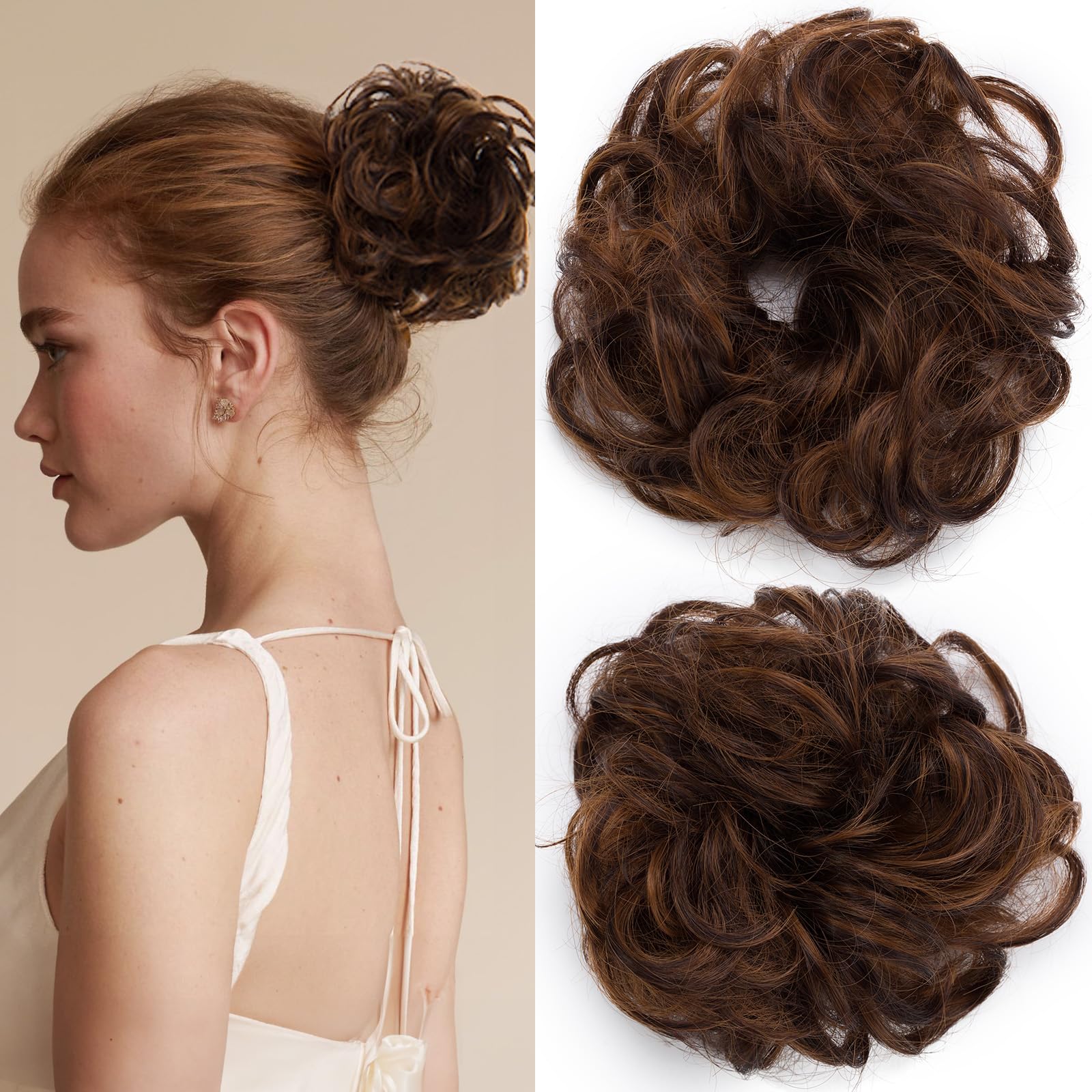 SEGOHAIR Messy Bun Hair Piece Fake Hair Bun Hair Scrunchies Bun - Lightweight 25g Synthetic Hair Bun Piece for Women, Coffee Brown to Dark Brown Curly Wavy Elastic updo Scrunchy Bun