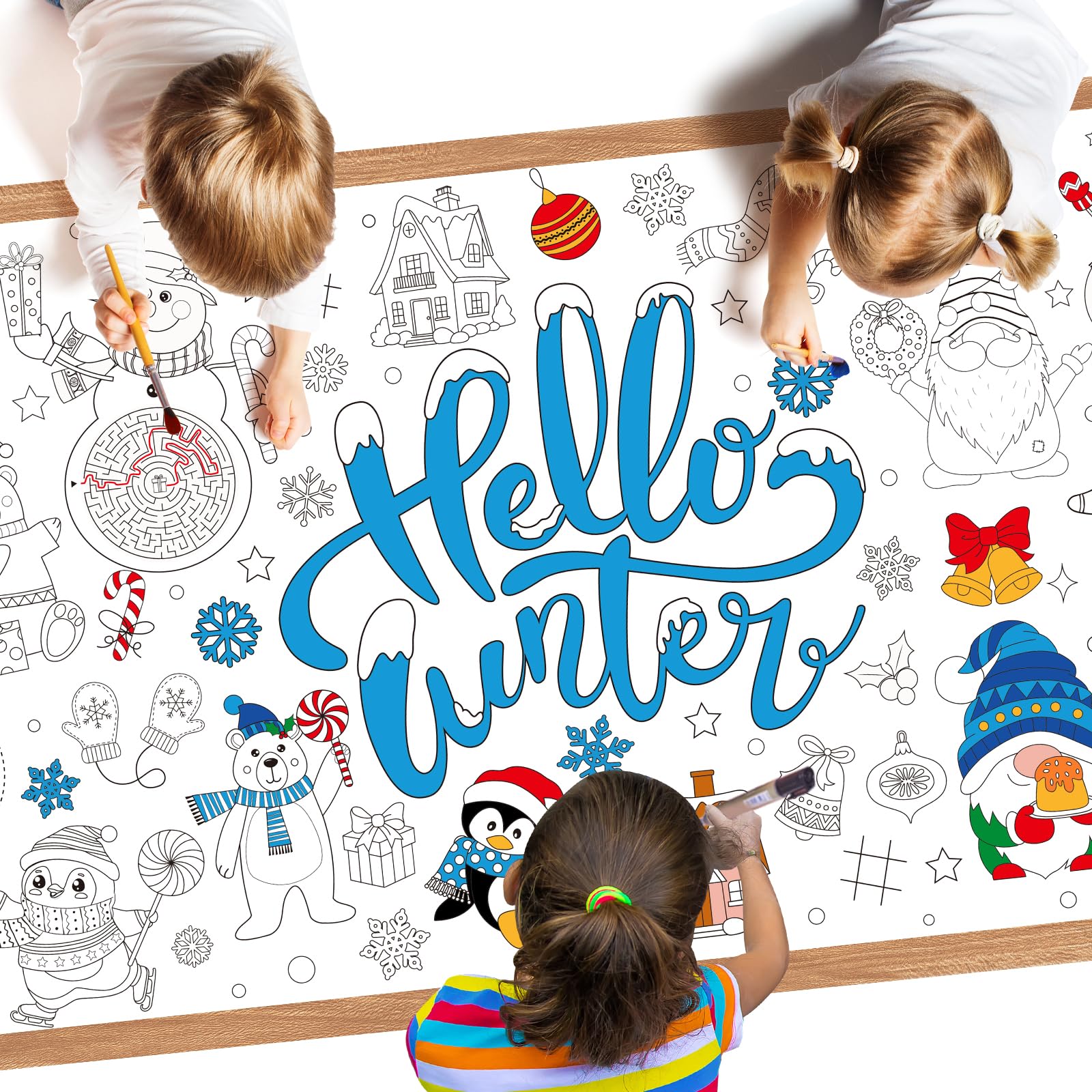 Photo 1 of 1 Pack Winter Coloring Poster - Hello Winter Giant Coloring Tablecloth for Kids, Snowflake Christmas Paper Table Cloth Cover Crafts for Gifts Party Classroom Games Activities Decorations, 72 x 30 Inch