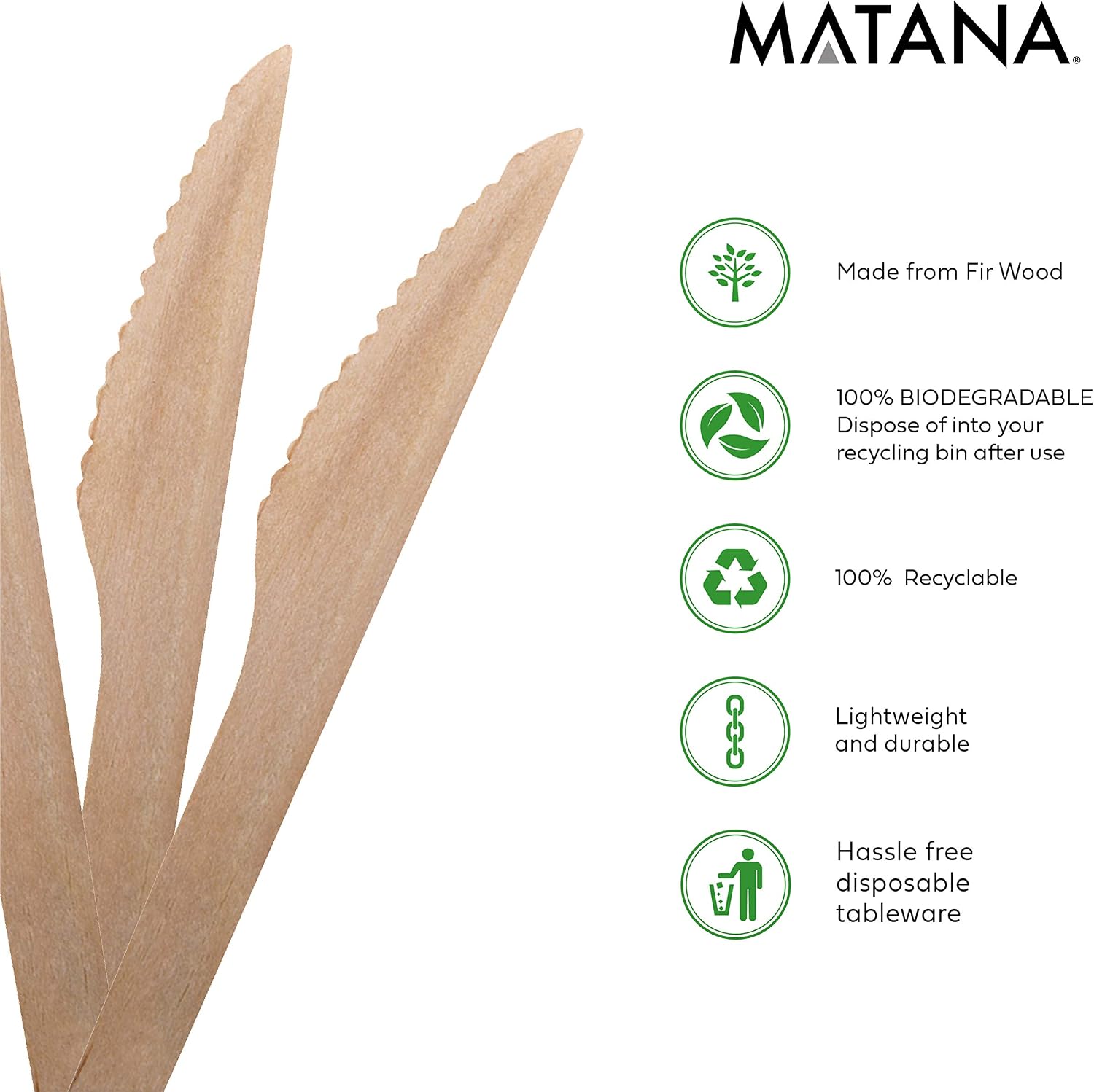 MATANA 200 Premium Wooden Knives 16cm, Serrated Wood Knife Cutlery for BBQs Picnics, Weddings, Parties & Catering - Image 5