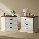 Huuger Nightstand with Charging Station, 3 Drawer Night Stand Set of 2, 22 Inch Wider Side Table with Storage, Farmhouse Nightstand with Vintage Handles, Thicken Base, for Bedroom, Distressed White