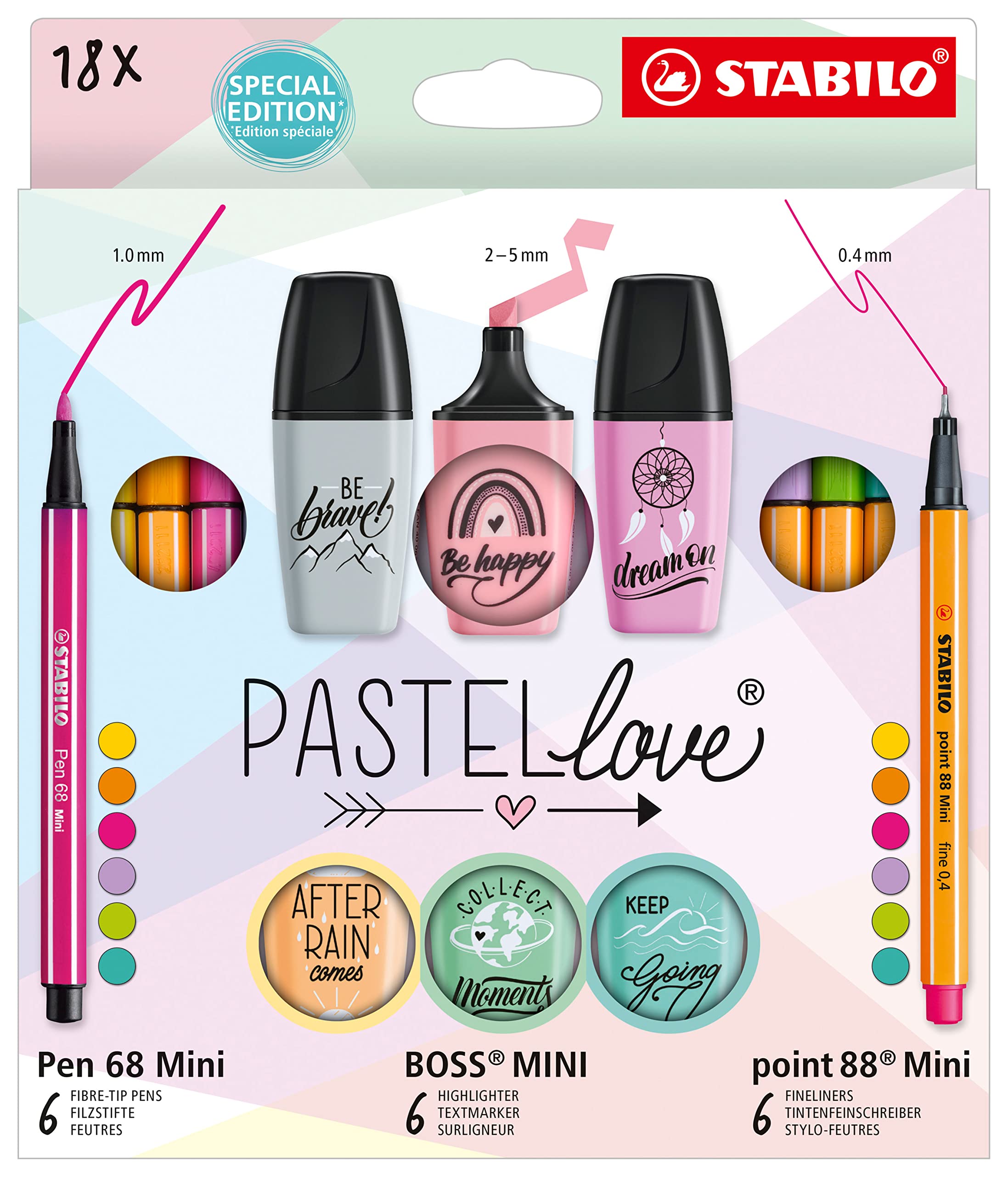 STABILO Pen Set Pastellove Set - point 88 Mini, Pen 68 Mini & BOSS MINI - Pack of 18 - Assorted Colours