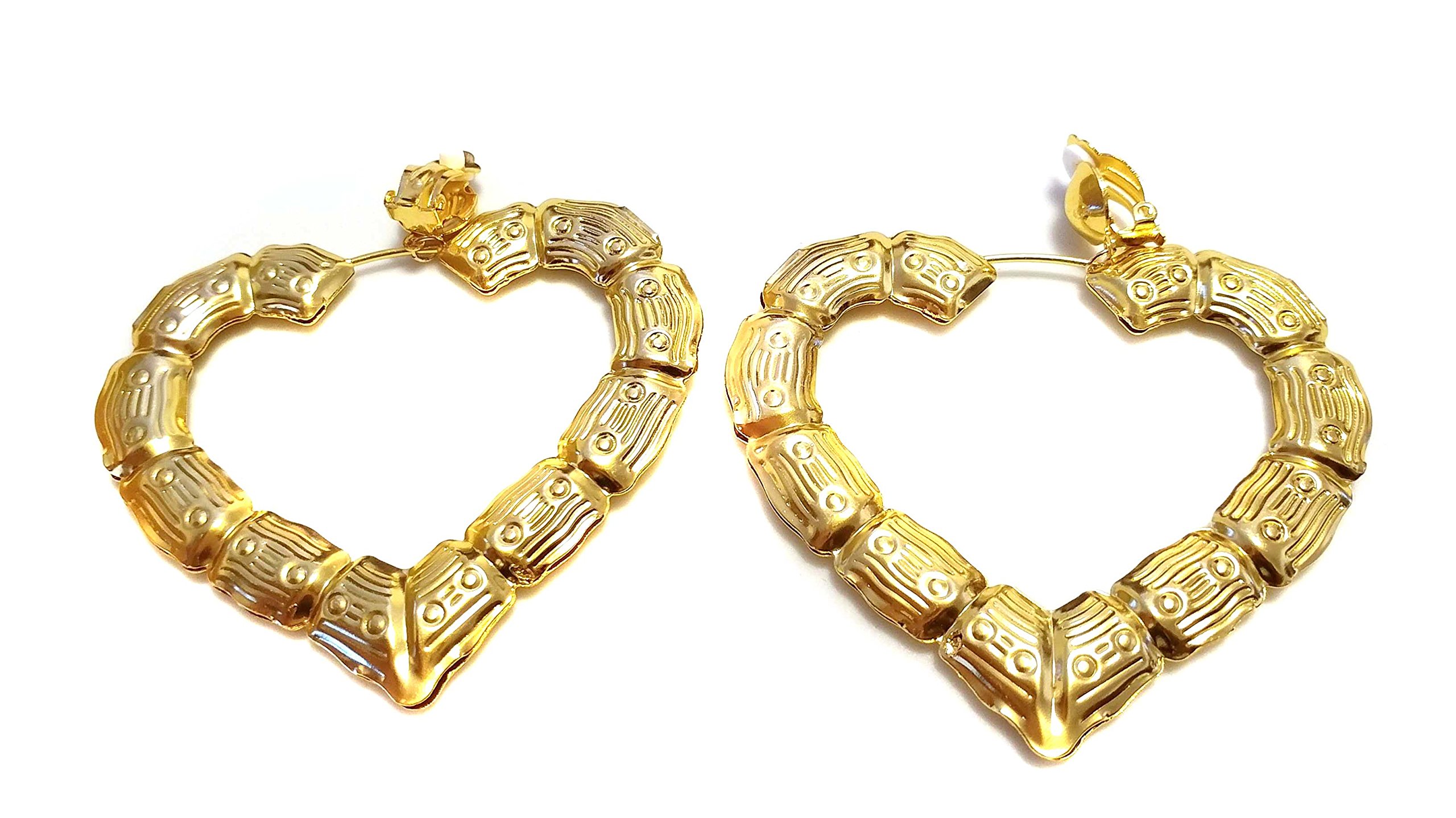 Clip-on Earrings Bamboo Heart Gold Tone Hoop Earrings 3 inch