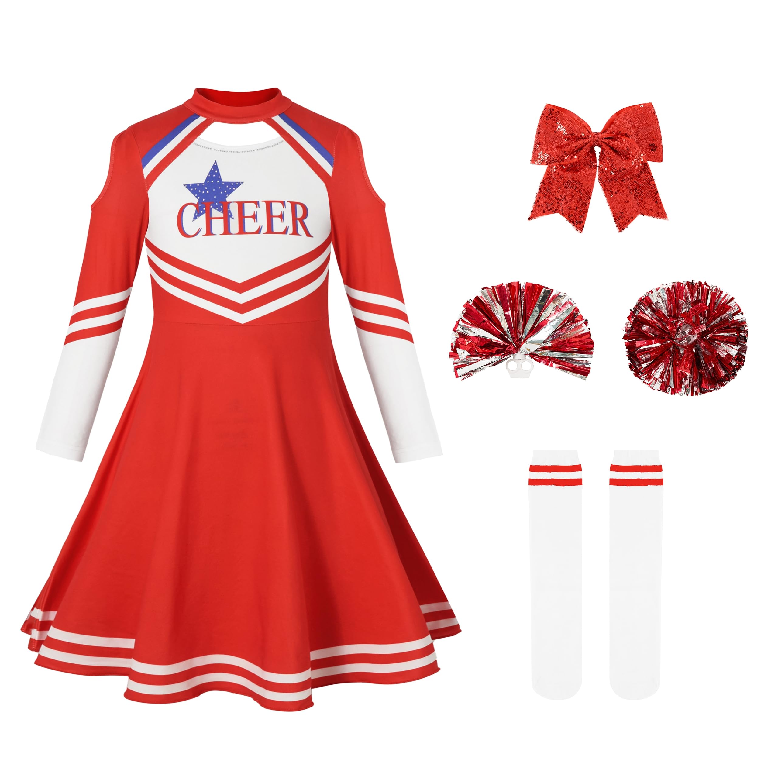 LOLANTA Girls Red Cheerleadeing Outfit, Kids Long Sleeve Cheeeleader Halloween Costume with Pom poms, World Book Day Costumes for Girls(Red,7-8 Years,Tag Size 130)