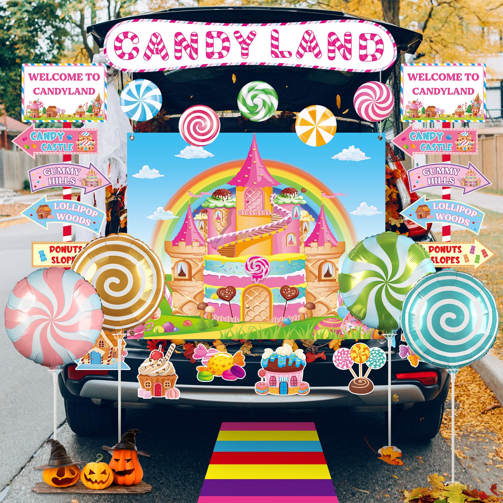 Photo 1 of 41 Pcs Halloween Trunk or Treat Car Decorations Candyland Trunk or Treat Car Outdoor Decorations with Candy Balloon Sweet Backdrop Lollipop Cutout for Car Archway Garage Door Haunted House Party Decor