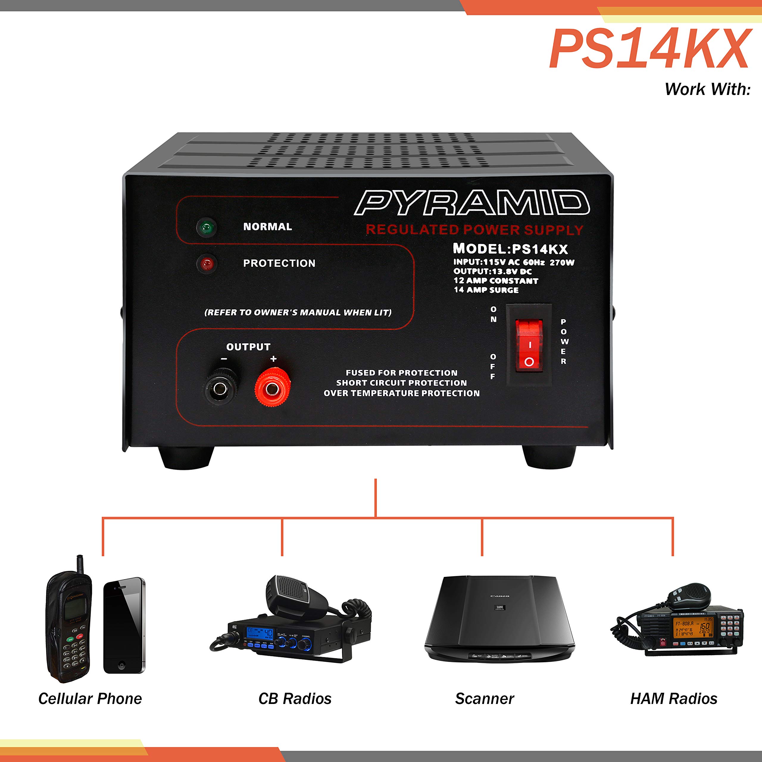 Pyramid Universal Compact Bench Power Supply- 12 Amp Linear Regulated Home Lab Bench-top AC-to-Dc 12V Converter w/ 13.8V Dc 115V AC 270W Power Input, Screw Type Terminals, Cooling Fan- PS14KX.5