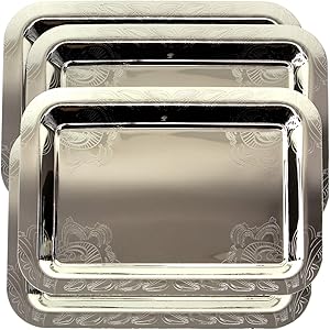 Maro Megastore (Pack of 4) 14.2 Inch x 10.2 Inch Oblong Chrome Plated Mirror Serving Tray Stylish Design Floral Engraved Edge Decorative Party Birthday Wedding Dessert Buffet Wine Platter Plate CC-740
