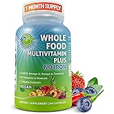 Vegan Whole Food Daily Multivitamin Without Iron, Methylated Multivitamin for Women and Men, Made with Fruits & Vegetables, B-Complex, Probiotics, Enzymes, CoQ10, Omegas, Turmeric, Non-GMO, 90 Count