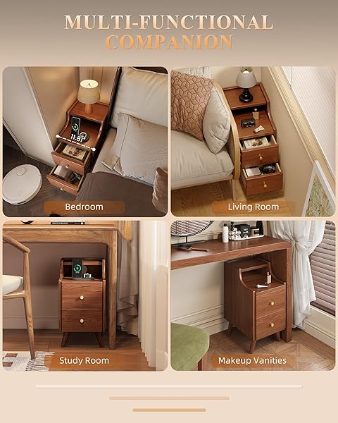 NARROW NIGHTSTAND WITH DRAWERS, 11.8″ SLIM SOLID WOOD BEDSIDE TABLE WITH OPEN SHELF & CABLE HOLE, MODERN STORAGE CABINET FOR SMALL SPACES, SIDE TABLE FOR BEDROOM & STUDY, WALNUT