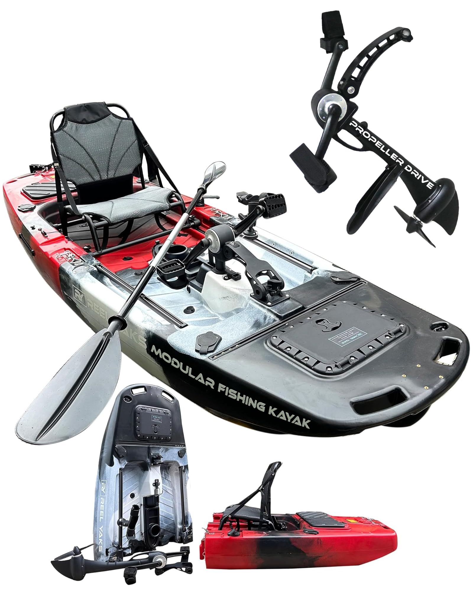 Photo 1 of Reel Yaks Raider Modular Fishing Kayak - Propeller Drive, 9.5ft, 380 lbs Capacity, Black White Red - Pedal Fishing Kayaks for Adults & Youth, Sit on Top, Compact Storage, Lightweight, Easy Transport