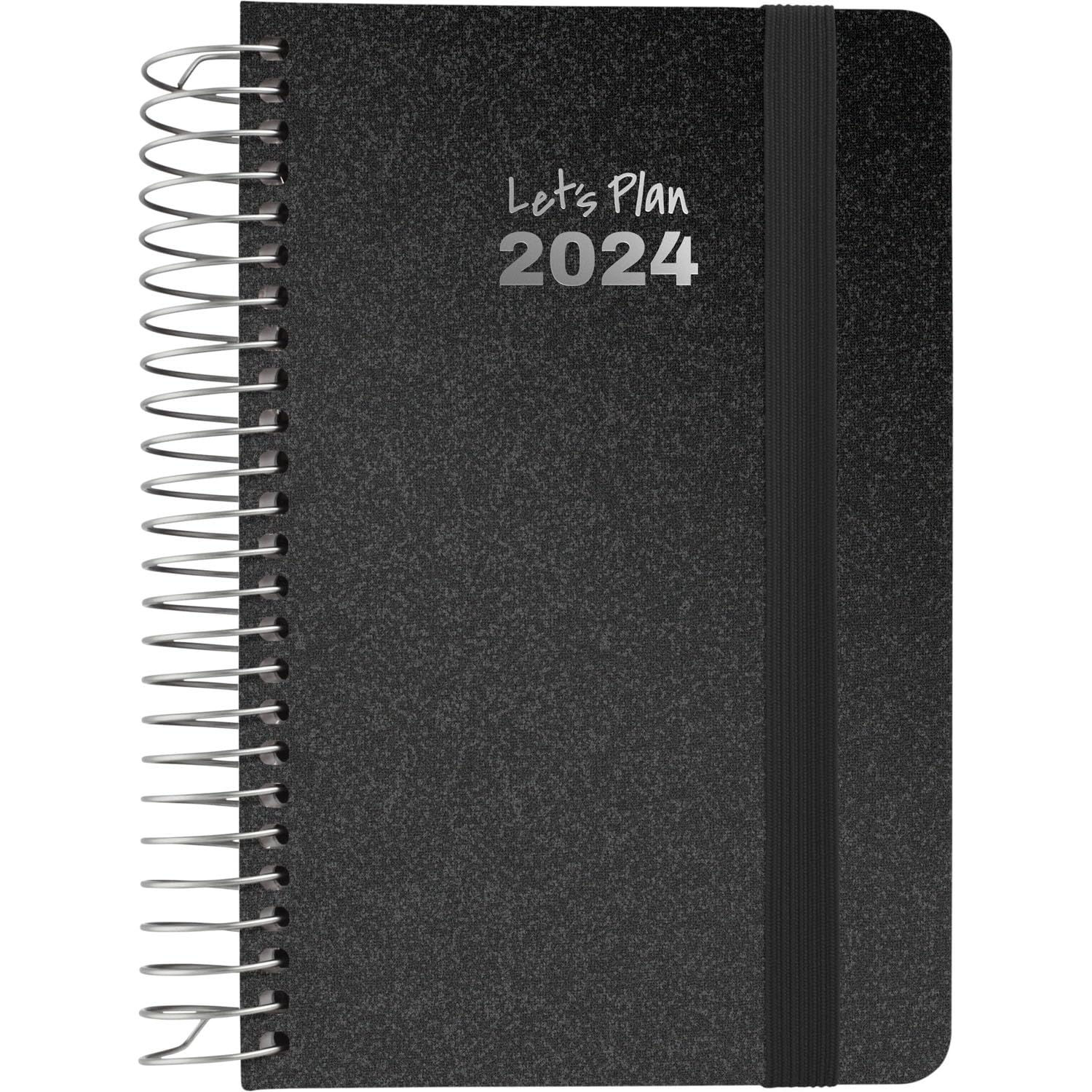 Grafoplás | Week to View 2024 Diary | Black | A6 | Spanish | Metallic Series | Spiral | Hardcover Lined Fabric | Elastic Closure | January to December Year 24| Perfect for Managing Your Time