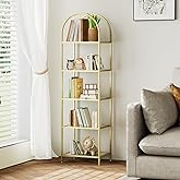 Homhedy Bookshelf Arched Display Racks,Metal Bookcase,Tempered Glass Shelves,Storage Rack Shelf for Home Office,Living Room,Bedroom, Bathroom,Modern Style (Golden, 11.8" D x 13.8" W x 57.1" H)