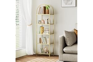 Homhedy Bookshelf Arched Display Racks,Metal Bookcase,Tempered Glass Shelves,Storage Rack Shelf for Home Office,Living Room,Bedroom, Bathroom,Modern Style (Golden, 11.8" D x 13.8" W x 57.1" H)