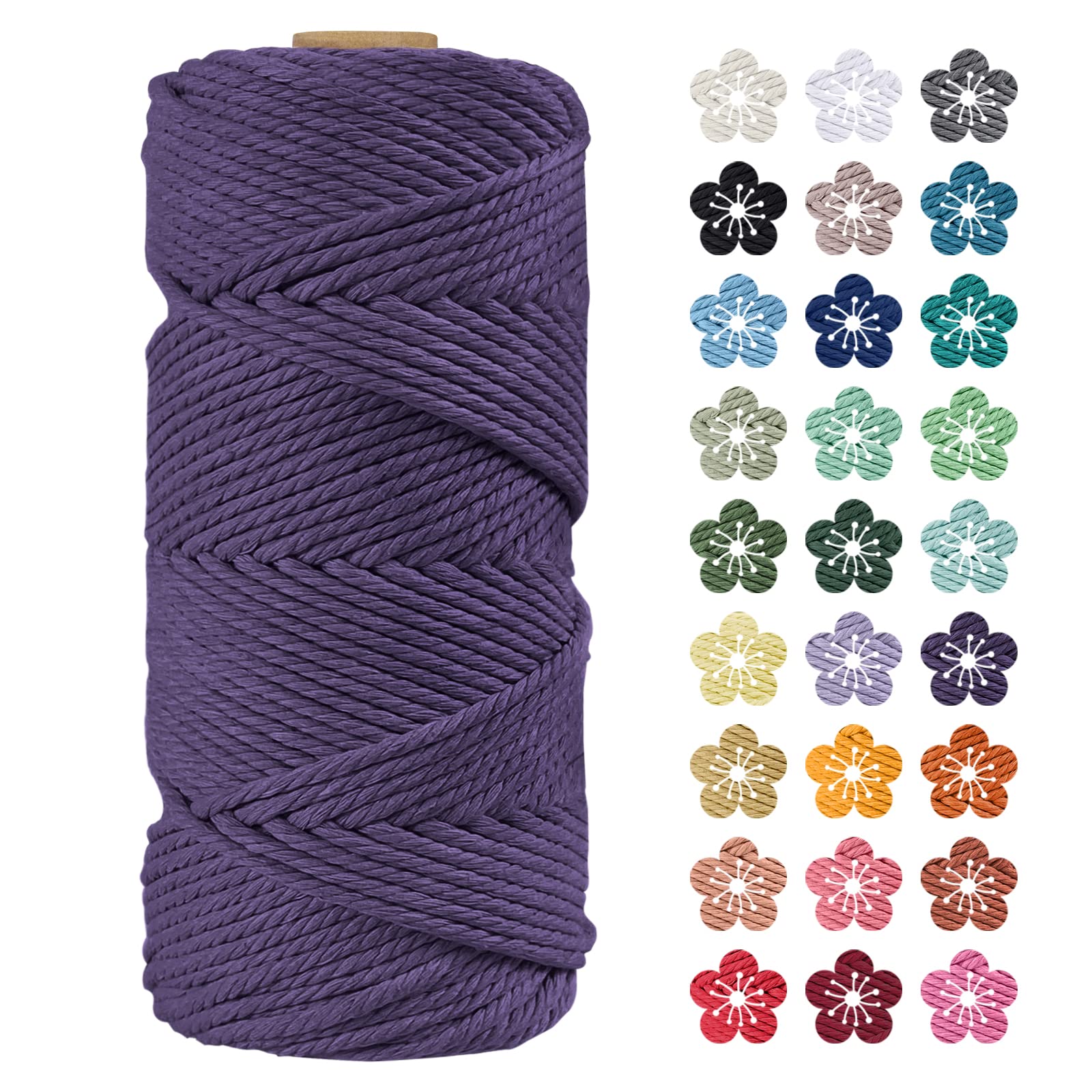 LEREATI Macrame Cord 4mm x 100m, Thick Macrame Rope Natural Cotton Rope Craft String, 4 Strand Twisted Cotton Cord Yarn for DIY Plant Hanger, Wall Hanging, Christmas Decoration (Deep purple)