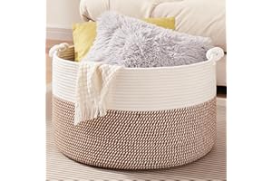 OIASKET Large Blanket Storage Basket for Living Room, 22.8" x 22.8" x 13" Woven Cotton Rope Basket with Handles, Baby Toy Storage, Laundry Hamper for Clothes, Pillows, Towels-Yellow and White