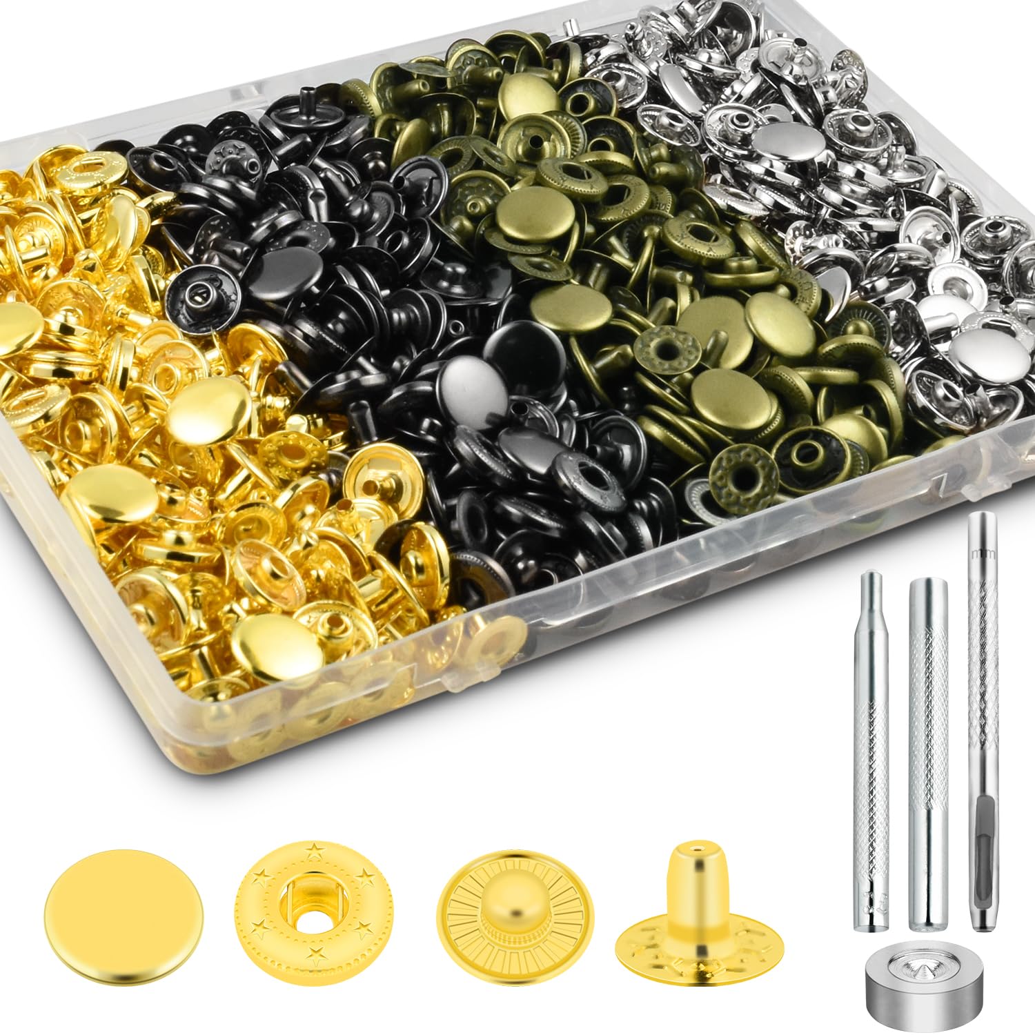Photo 1 of 100Sets Snaps Button Kit, 12mm Leather Snaps Fasteners, Metal Button Press Studs with 4 Install Tools 4 Colors for Leather Bag Clothes Jackets Jeans Wears Bracelets Fashion DIY Sewing