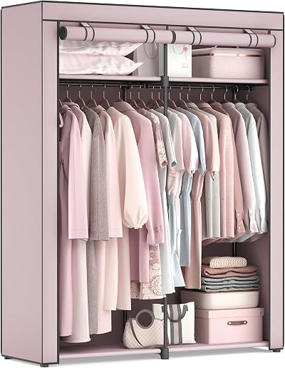 SONGMICS Clothes Wardrobe Portable Fabric Wardrobe with 2 Hanging Rails Lavender