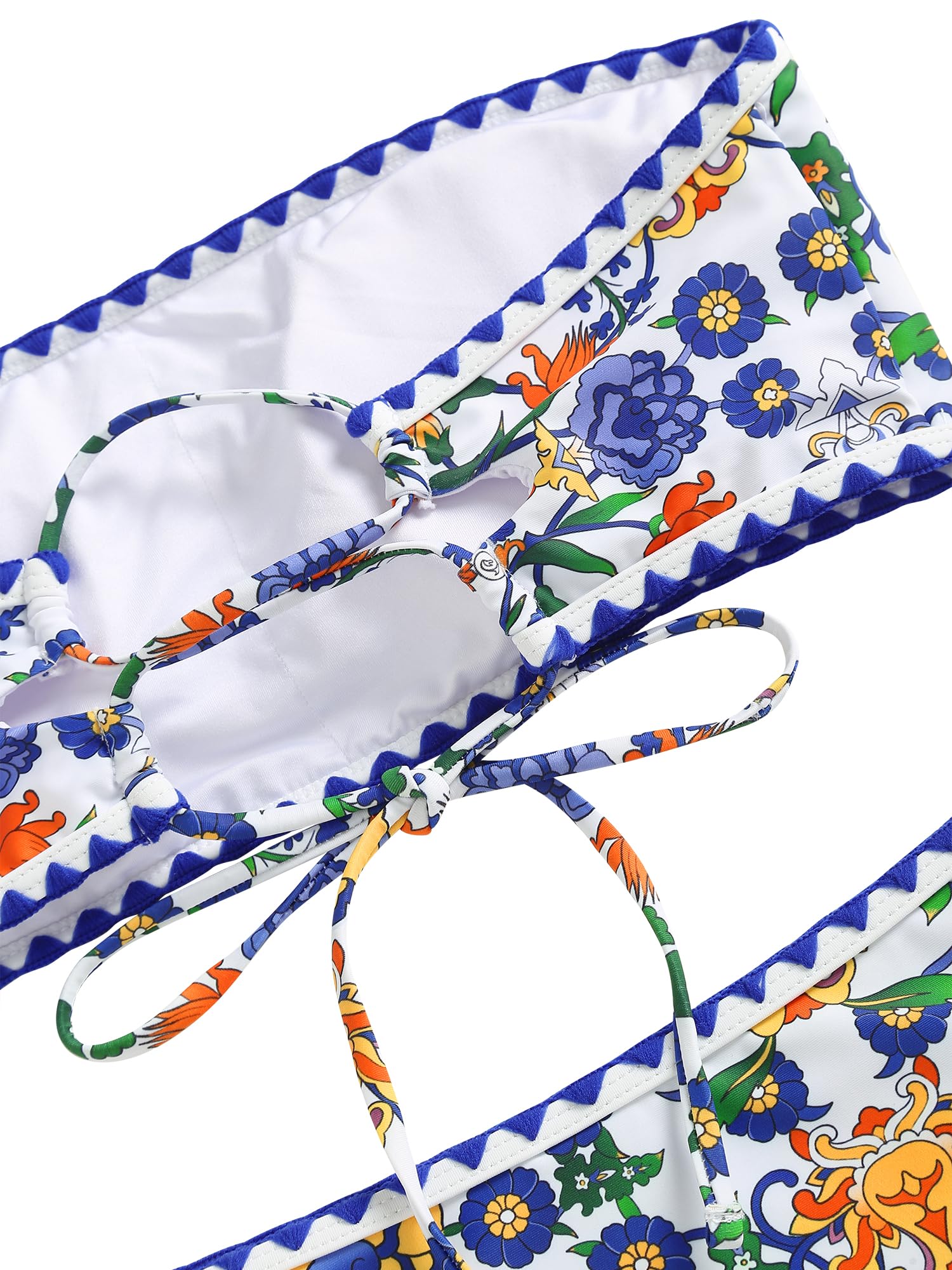 ZAFUL Women Strapless Textured Bandeau Bikini 2 Piece Swimwear Cheeky Solid Lace up Bathing Suits(7-Blue Yellow,M) - Image 7