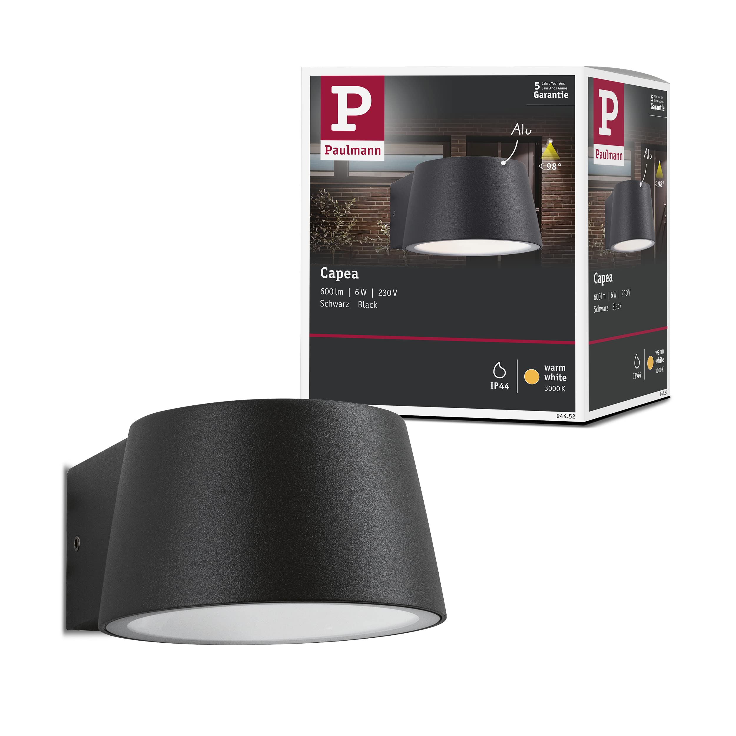 Paulmann 94452 Capea LED outdoor luminaire outdoor wall luminaire IP44 warm white incl. 1x6W outdoor lighting black outdoor lamp alu garden lamp 3000K