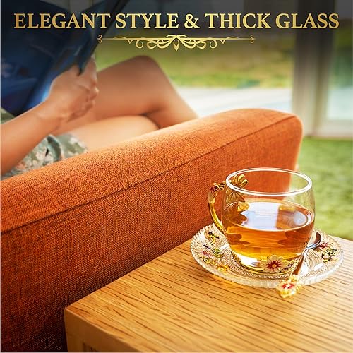 SHEEYEE Vintage Glass Tea Cup and Saucer Set with Lid and Spoon