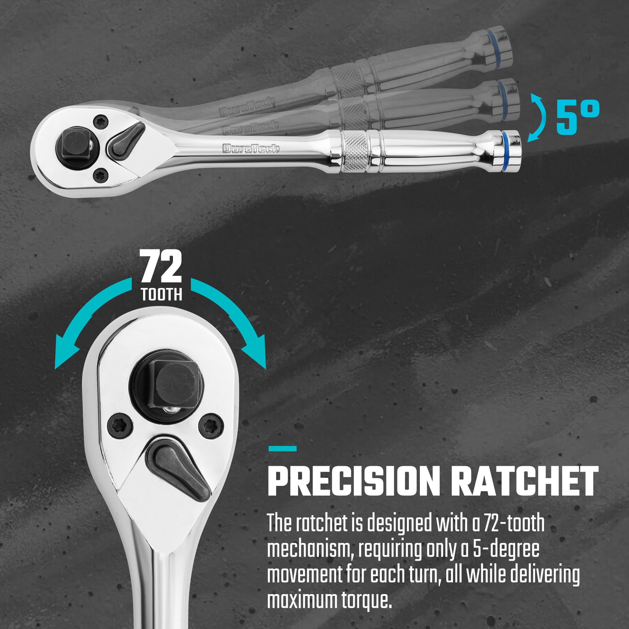 DURATECH 3-IN-1 Umschaltknarre, 1/4", 3/8", 1/2" Ratschengriff, umkehrbarer Ratschenschlüssel aus Legierungsstahl, 72-Zahn Steckschlüssel für Auto-Reparatur 5
