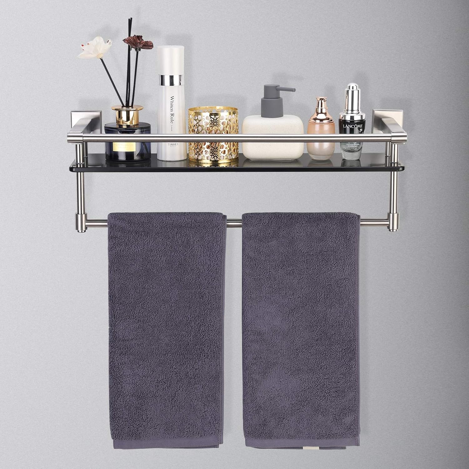 Bathroom Glass Shelf with Towel bar 20.8"x 5.9" Tempered Glass Shelf SUS 304 Stainless Steel Wall Mount (Brushed Nickel): Kitchen & Dining