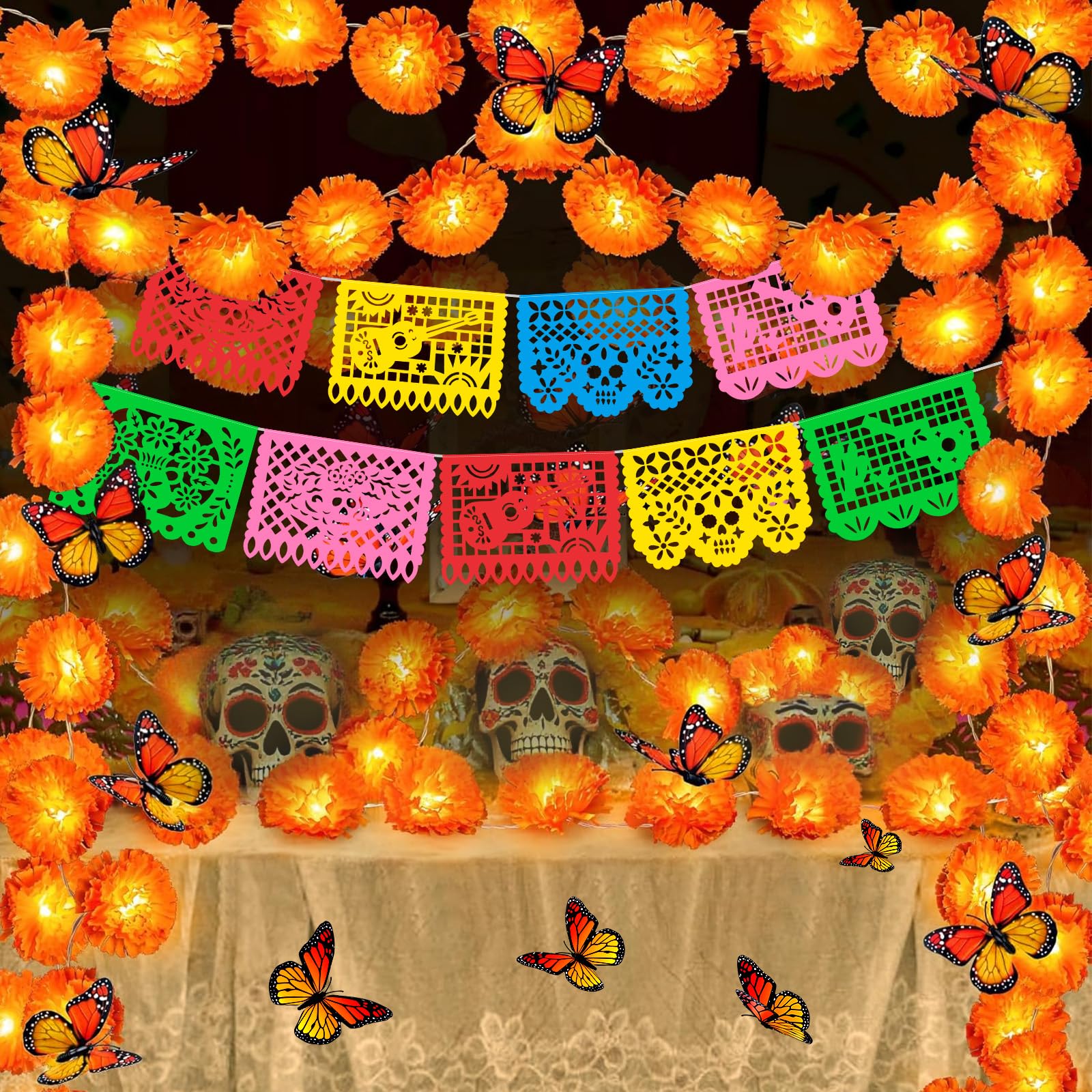 Photo 1 of 2 Pack Marigold Garland Day of The Dead Decorations Set, Total 20Ft 40 Lighted Artificial Marigold Flowers 24 Butterfly and 9 Plastic Papel Picado for Dia De Los Muertos Indian Diwali Altar Decor