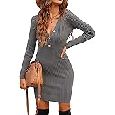 Blooming Jelly Womens Long Sleeve Sweater Dress Sexy V Neck Bodycon Mini Fall Dresses Trendy Ribbed Ladies Winter Sweater