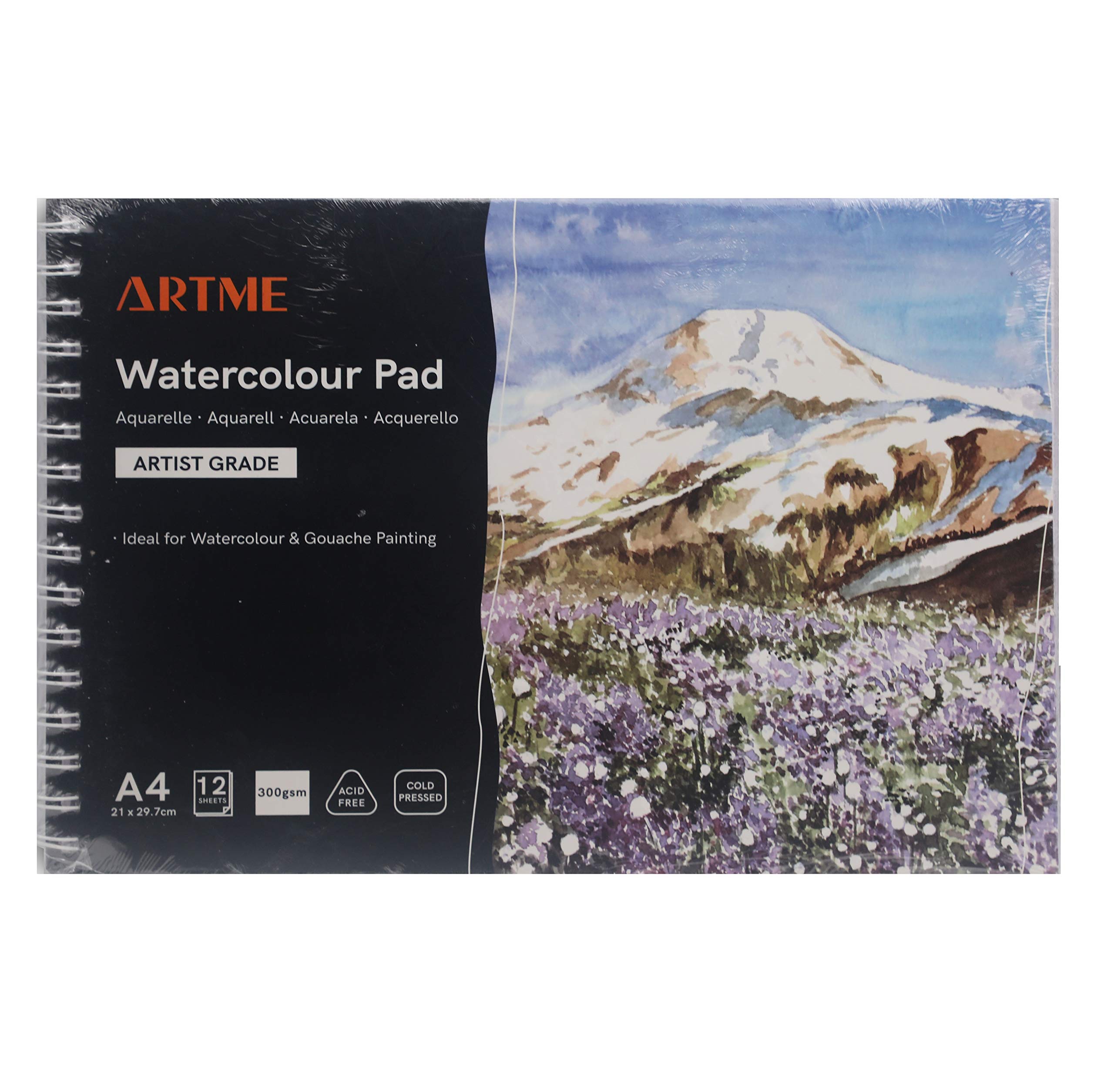 Artme A4 Watercolour Pad x 12 Sheets/ 300gsm/ Firmly Textured/Cold Pressed/Cellulose Acid Free/Premium Quality Drawing Pad Sketchbook Aquarelle & Gouache Painting(1 Pack)