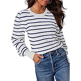 Dokotoo Women's Striped Sweaters Puff Long Sleeve Crewneck Ribbed Knit Pullover Jumper Tops
