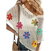 BEAUDRM Women's Floral Crochet Tops Hollow Out Dolman Sleeve Applique Sweater Boho Summer Spring Top