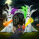 10FT Tall Halloween Inflatable Tree Arch with 4 Ghosts Outdoor Decoration | Built-in 15 LED lights. Waterproof 210T polyester, comes with blower, stakes and ropes for yard decor.
