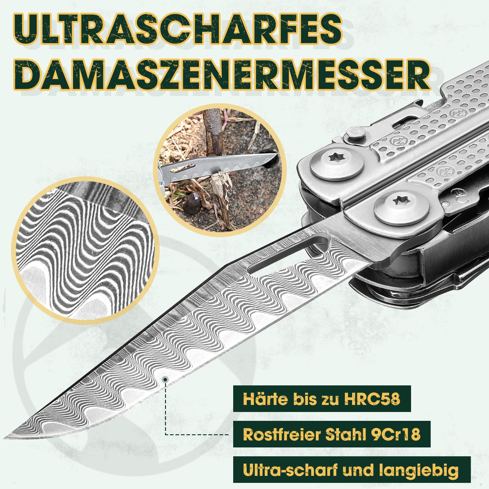 Multper Multitool Werkzeug, Geschenke für Männer, Aufgerüstetes Multi Tool Edelstahl Faltbares mit Damastmesser, Drahtschneider und Schraubendreherset, Multifunktionszange für Outdoor und Camping 3