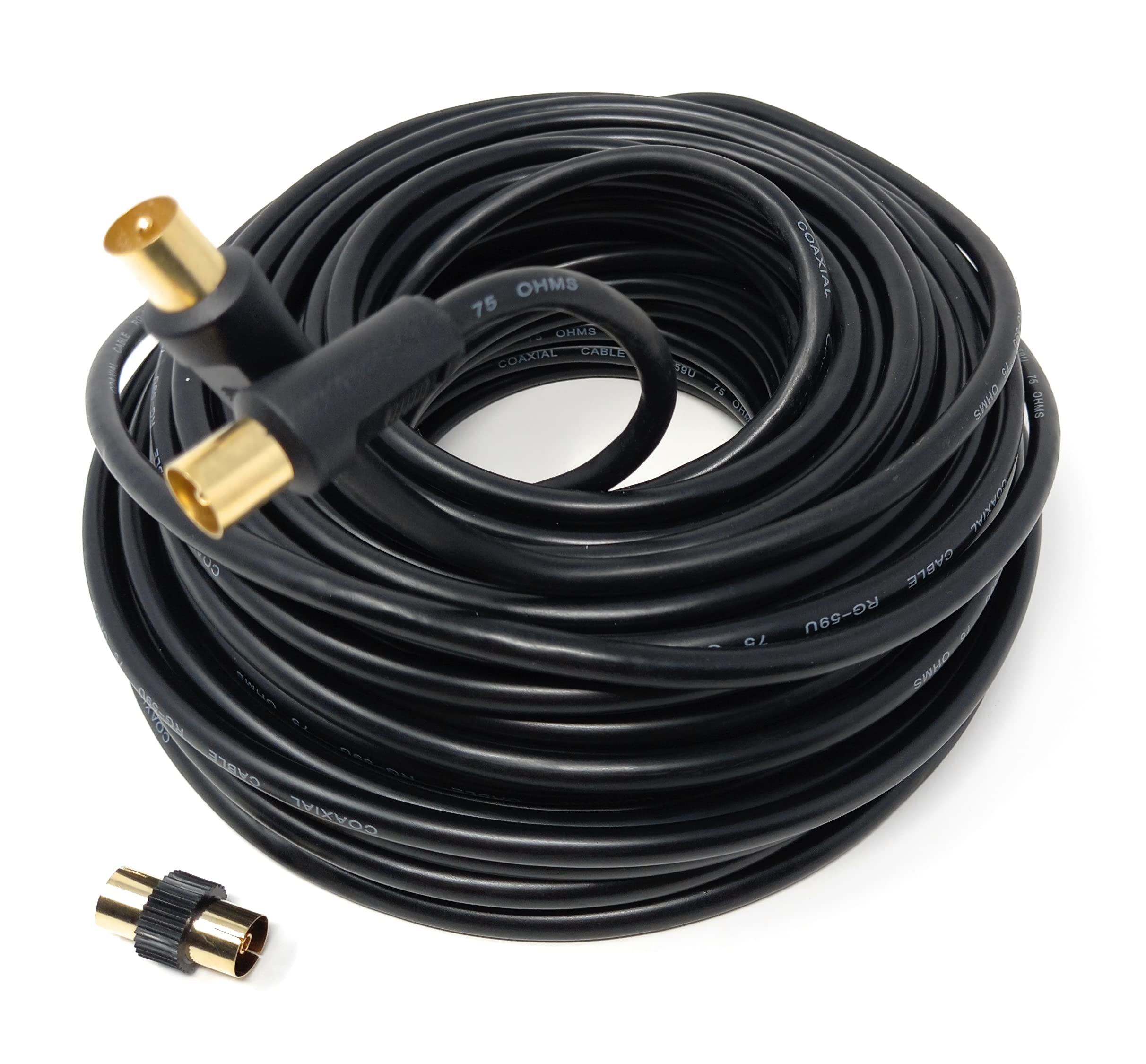 DRUT 30m TV RF Male to Male Aerial Antenna Coaxial Cable With Female to Female Coupler Gold Connectors 75 ohm 3C2V 99ft Black