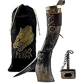 FENRIR Viking Drinking Horn With Stand 16 oz – Gifts for Men, Dad, Husband – Natural Ox Horn Cup with Thor Bottle Opener & Leather Holster – For Beer, Ale, Mead (PLAIN NATURAL POLISHED) (4 pieces set)