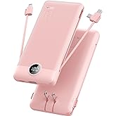 VRURC Portable Charger Built-in Cables and AC Wall Plug,USB C Power Bank 10000mAh, Travel Essentials Phone Charger Compact Lightweight External Battery Pack for Smart Phones, Tablets etc-Pink