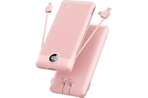 VRURC 10000mAh Portable Charger with Built-in Cables and AC Wall Plug Ultra Slim Power Bank USB C Phone Charger 5 Output 2 In